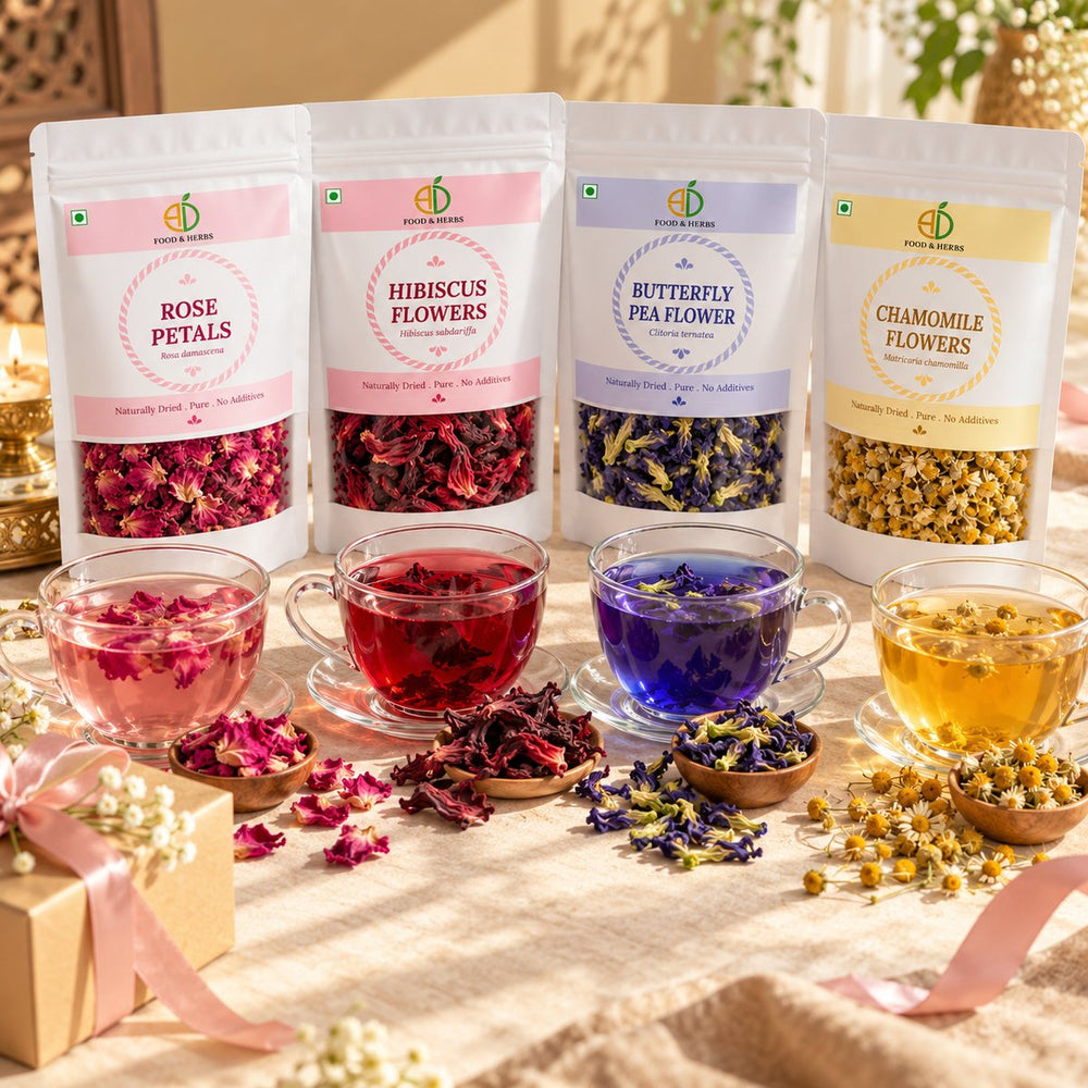 Festive herbal drinks gift set with rose, hibiscus, butterfly pea and chamomile flower pouches and brewed drinks