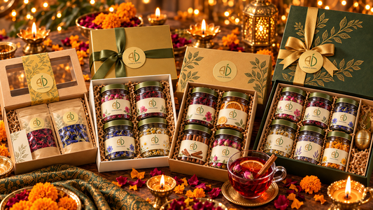 Four A D Food & Herbs Diwali gift hampers with herbal tea jars, dried flowers and diyas