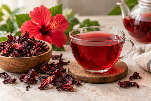 Glass cup of ruby-red hibiscus tea with dried hibiscus petals and a fresh hibiscus flower