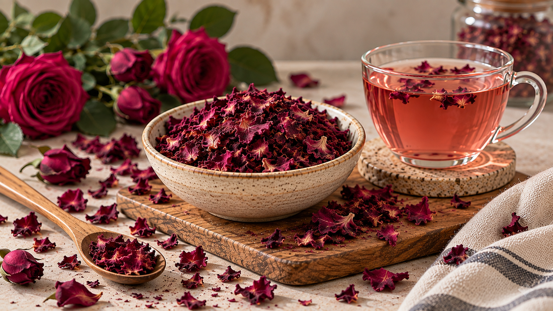 Close-up of dried rose petals showing their natural texture and colour
