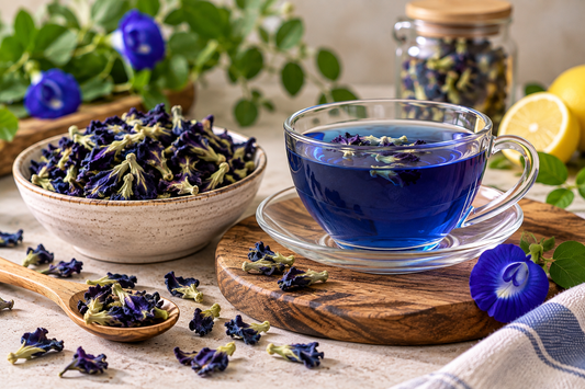 Dried butterfly pea flowers and blue butterfly pea tea