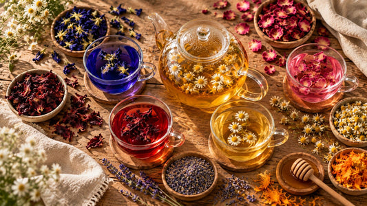 Caffeine-free flower teas: butterfly pea, hibiscus, rose and chamomile