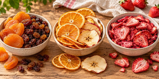 Dried, dehydrated and freeze-dried fruit compared side by side