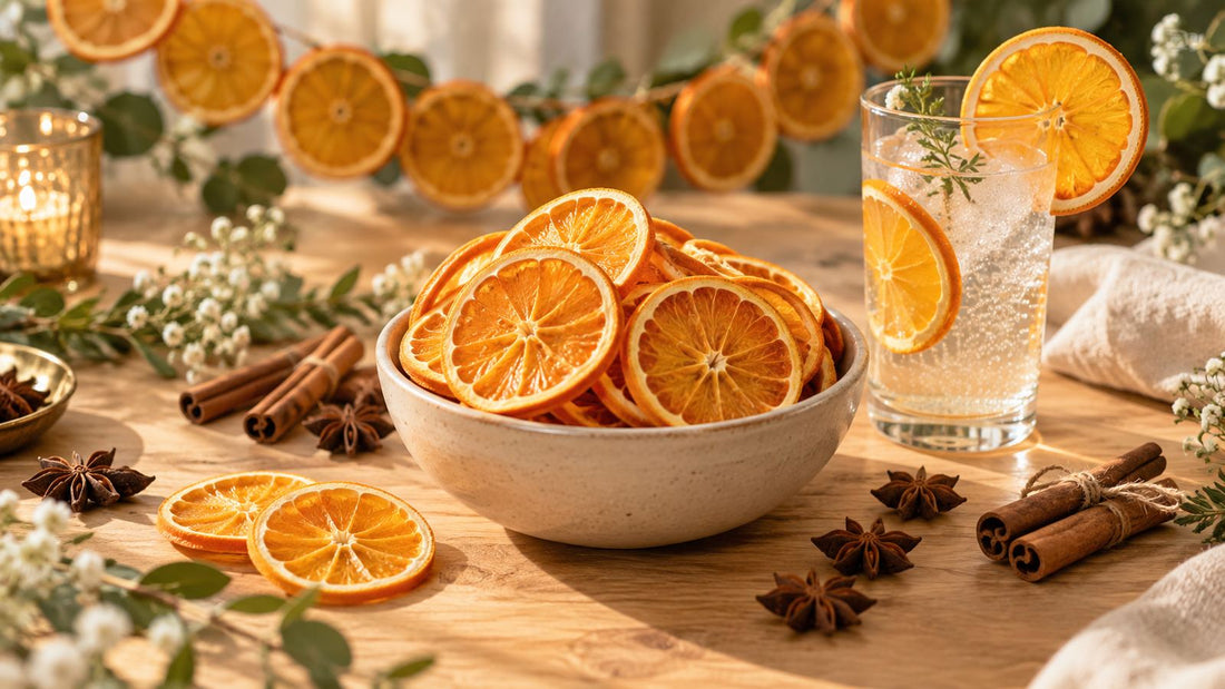 Dried orange slices in a bowl with an orange garland and a sparkling drink