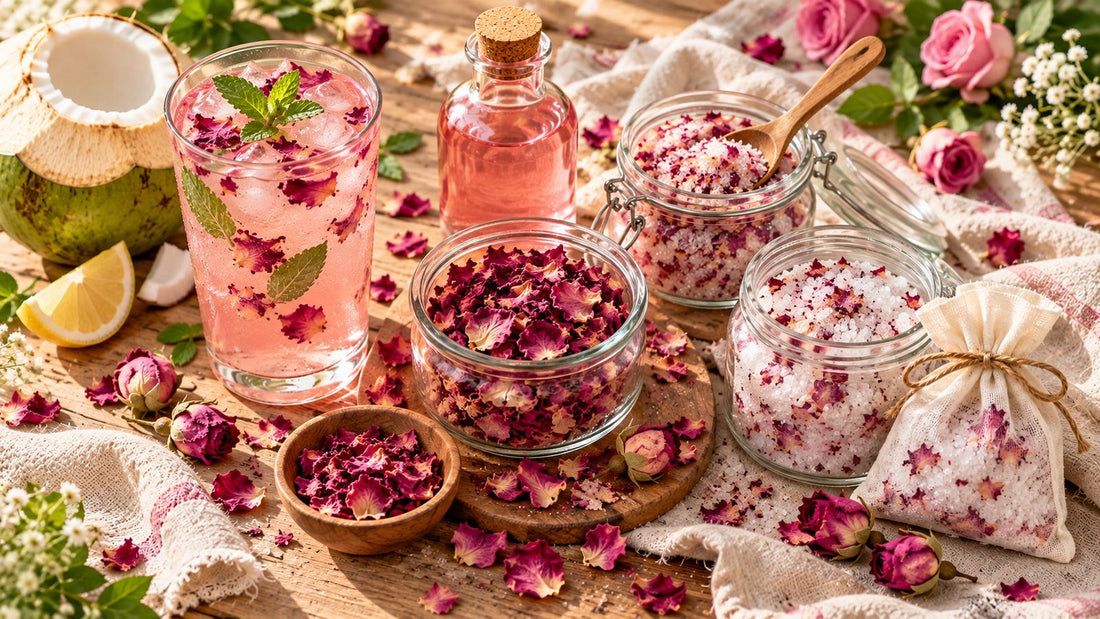 Things to make with dried rose petals: rose drink, rose water, rose sugar and bath soak