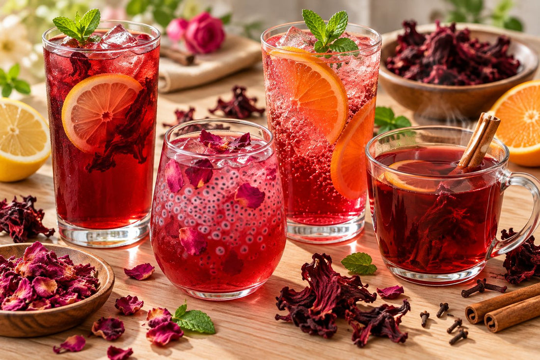Four hibiscus drinks with dried hibiscus flowers, rose petals, cinnamon and citrus