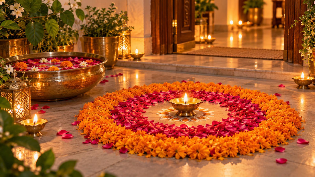 Navratri flower rangoli with marigold and rose petals and a diya at a home entrance