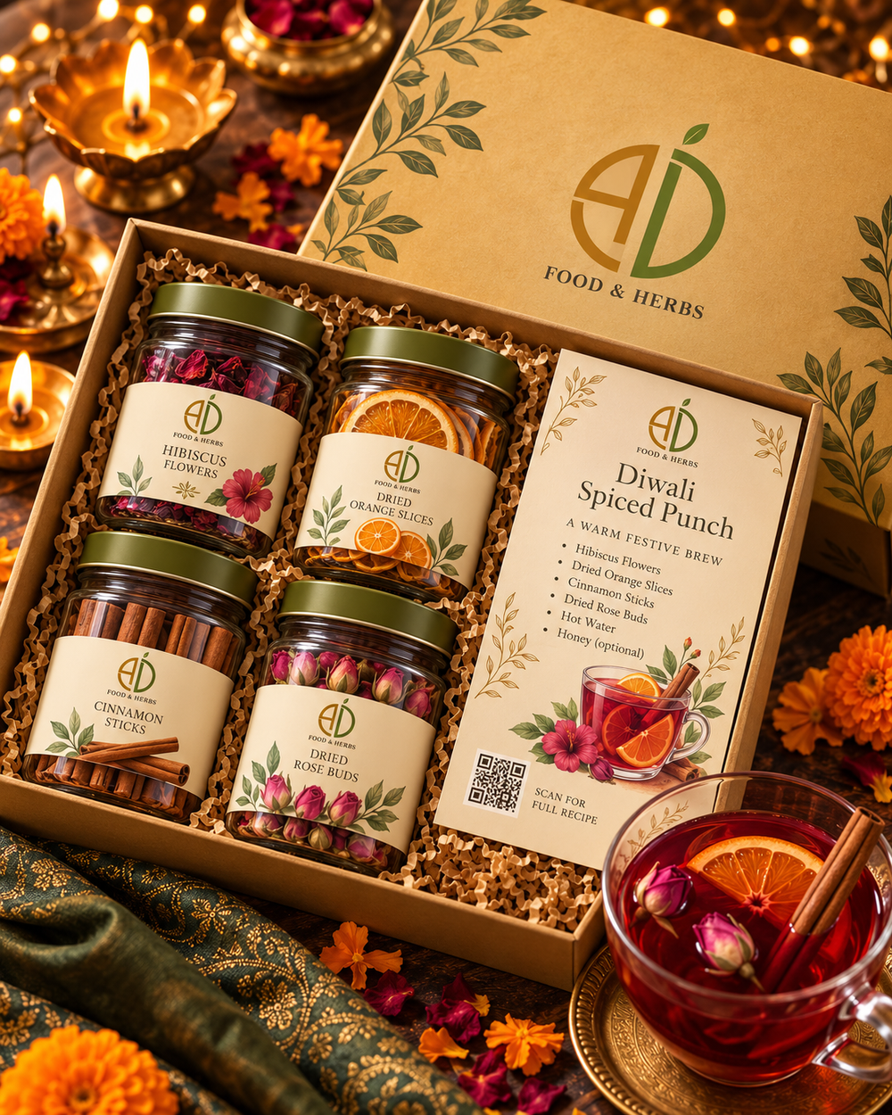 Diwali Spiced Punch Kit with jars of hibiscus, dried orange slices, cinnamon sticks and rose buds