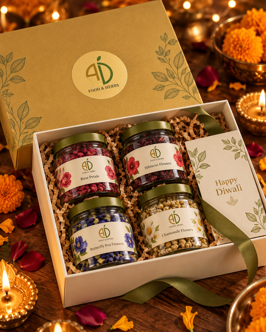 Signature Four Diwali gift box with glass jars of rose petals, hibiscus, butterfly pea and chamomile