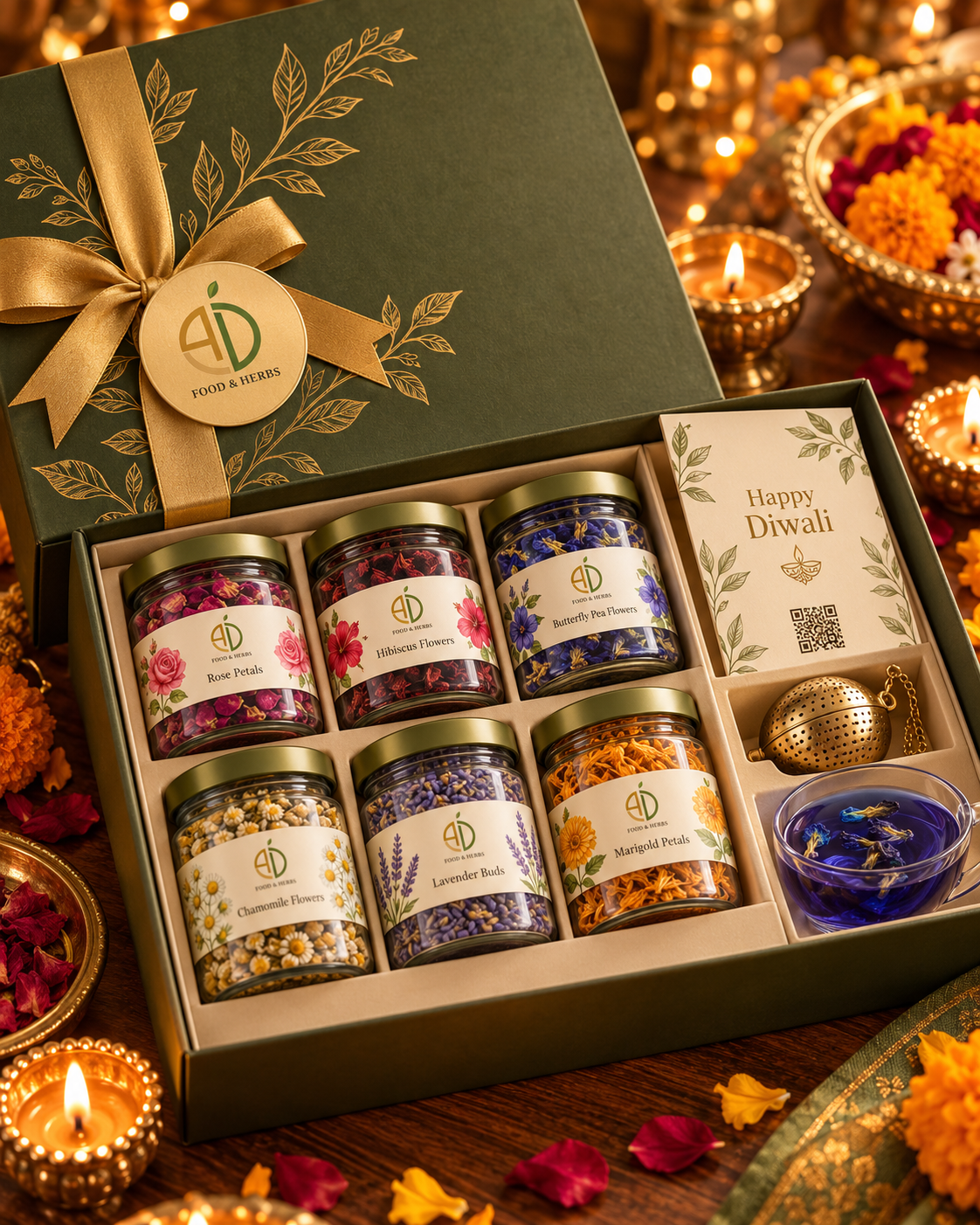 Premium Six olive-green Diwali gift box with six jars of dried flowers and a tea infuser