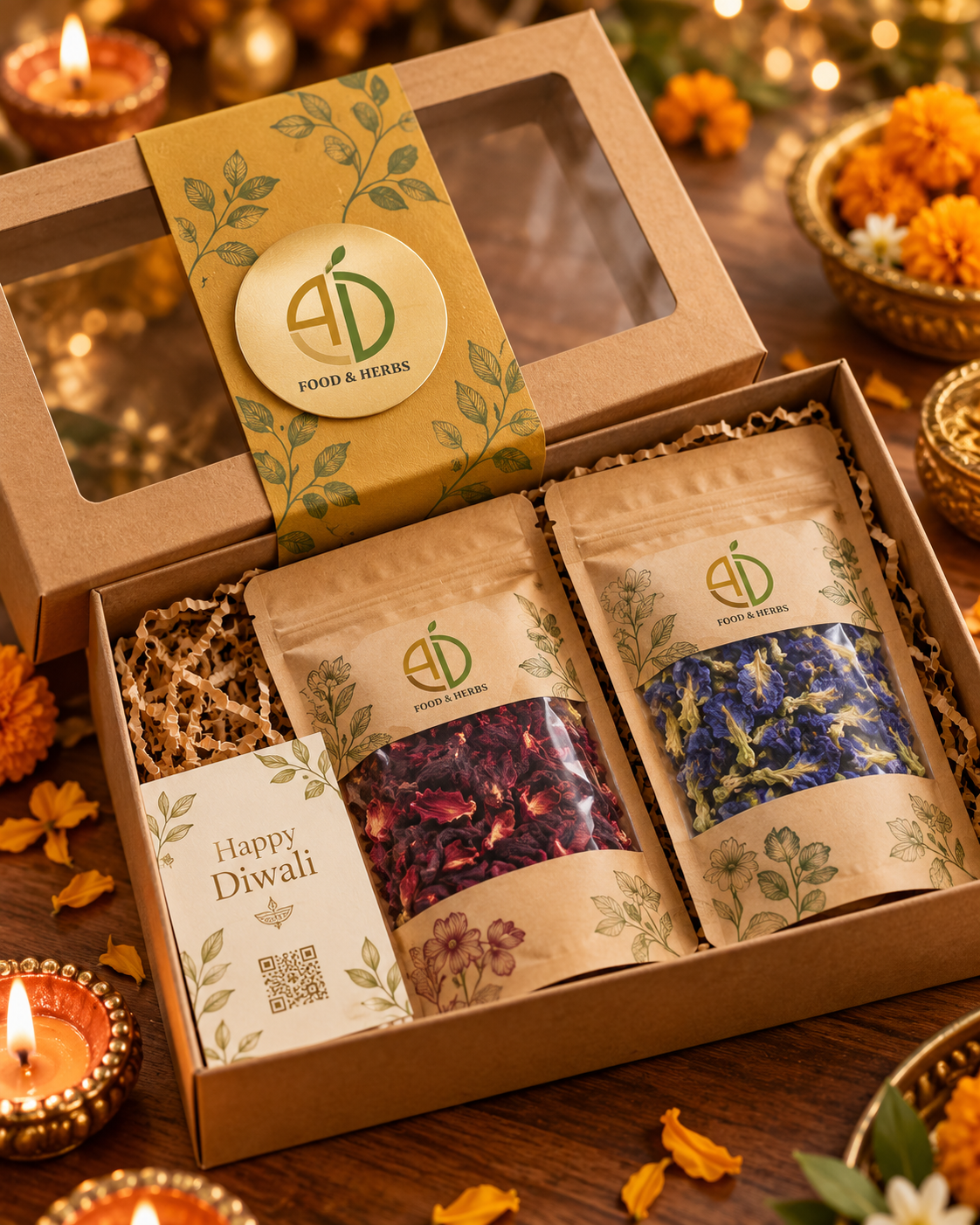 Essential Duo Diwali gift box with dried hibiscus and butterfly pea flowers in kraft pouches