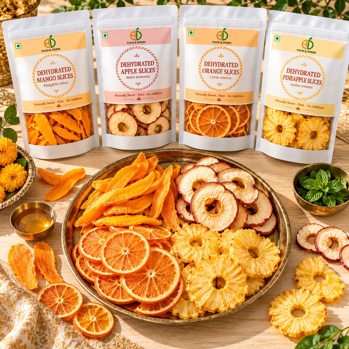 Vrat snack box with dried mango, apple, orange and pineapple slices on a brass thali
